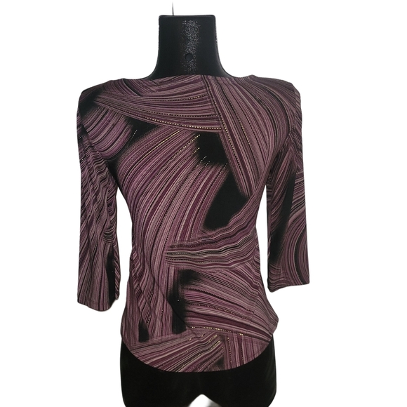 Reitmans Black and Burgundy Bandage Striped Faux Wrap Top M - Picture 5 of 6